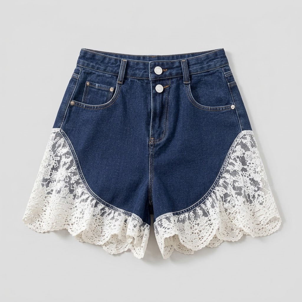 Lace-Trimmed Wide-Leg Denim Shorts