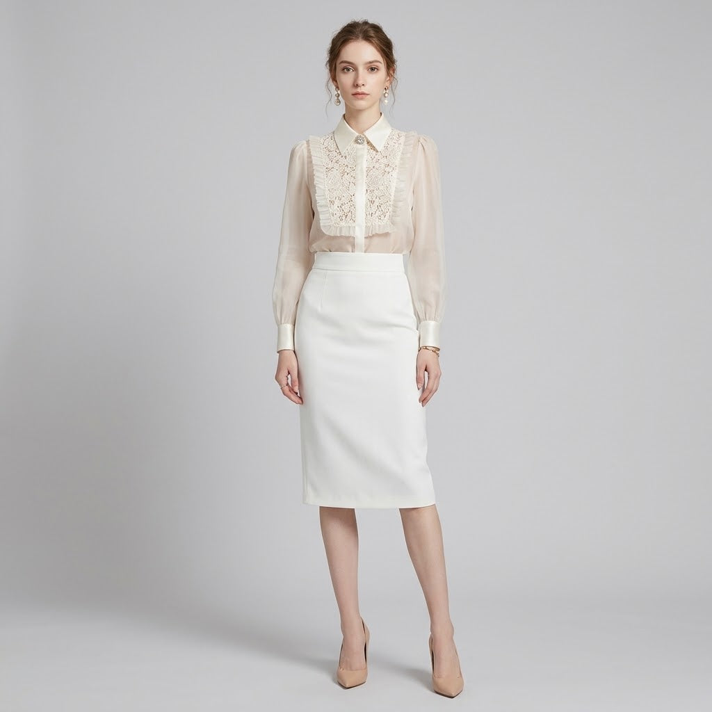 Crystal-Studded Lace & Sheer Mesh Spliced Shirt