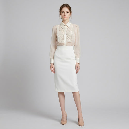 Crystal-Studded Lace & Sheer Mesh Spliced Shirt