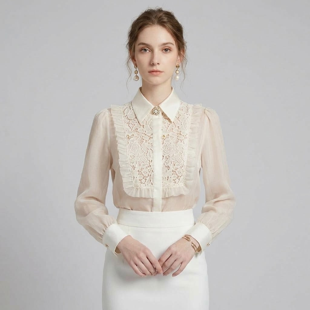Crystal-Studded Lace & Sheer Mesh Spliced Shirt