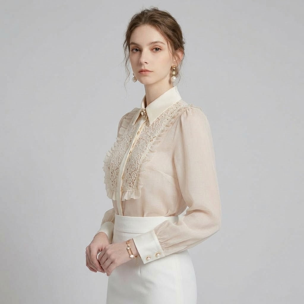Crystal-Studded Lace & Sheer Mesh Spliced Shirt