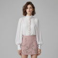 Crystal-Embellished Stand-Collar Puff-Sleeve Blouse & 3D Floral Mini Skirt Set
