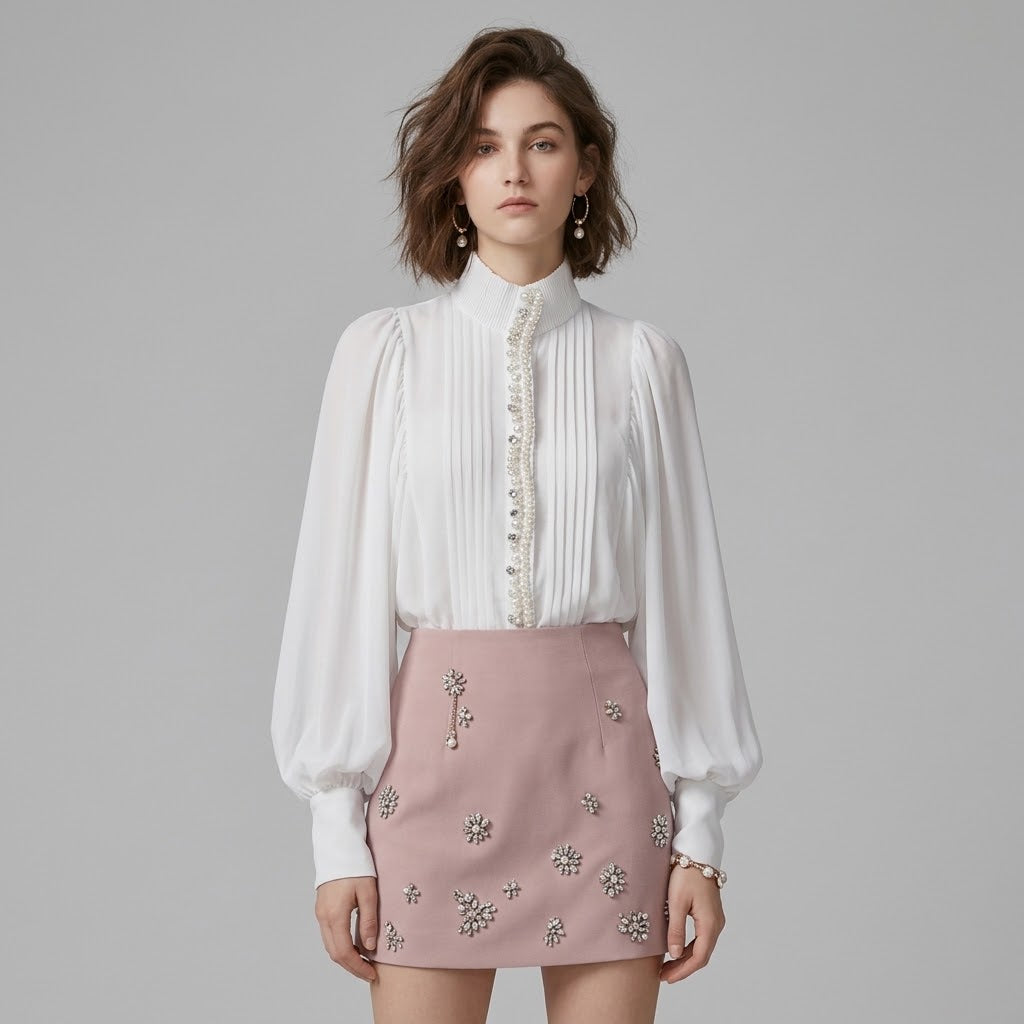 Crystal-Embellished Stand-Collar Puff-Sleeve Blouse & 3D Floral Mini Skirt Set