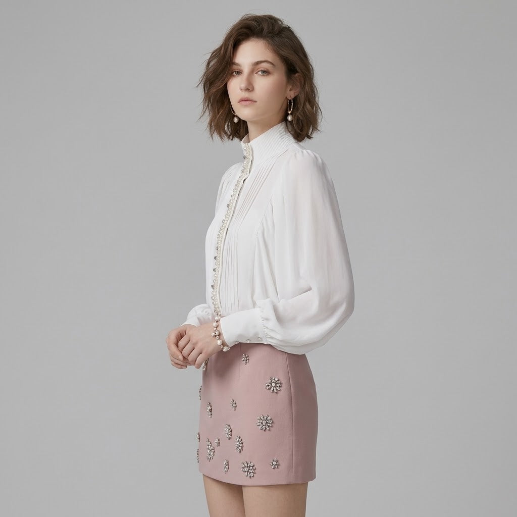 Crystal-Embellished Stand-Collar Puff-Sleeve Blouse & 3D Floral Mini Skirt Set