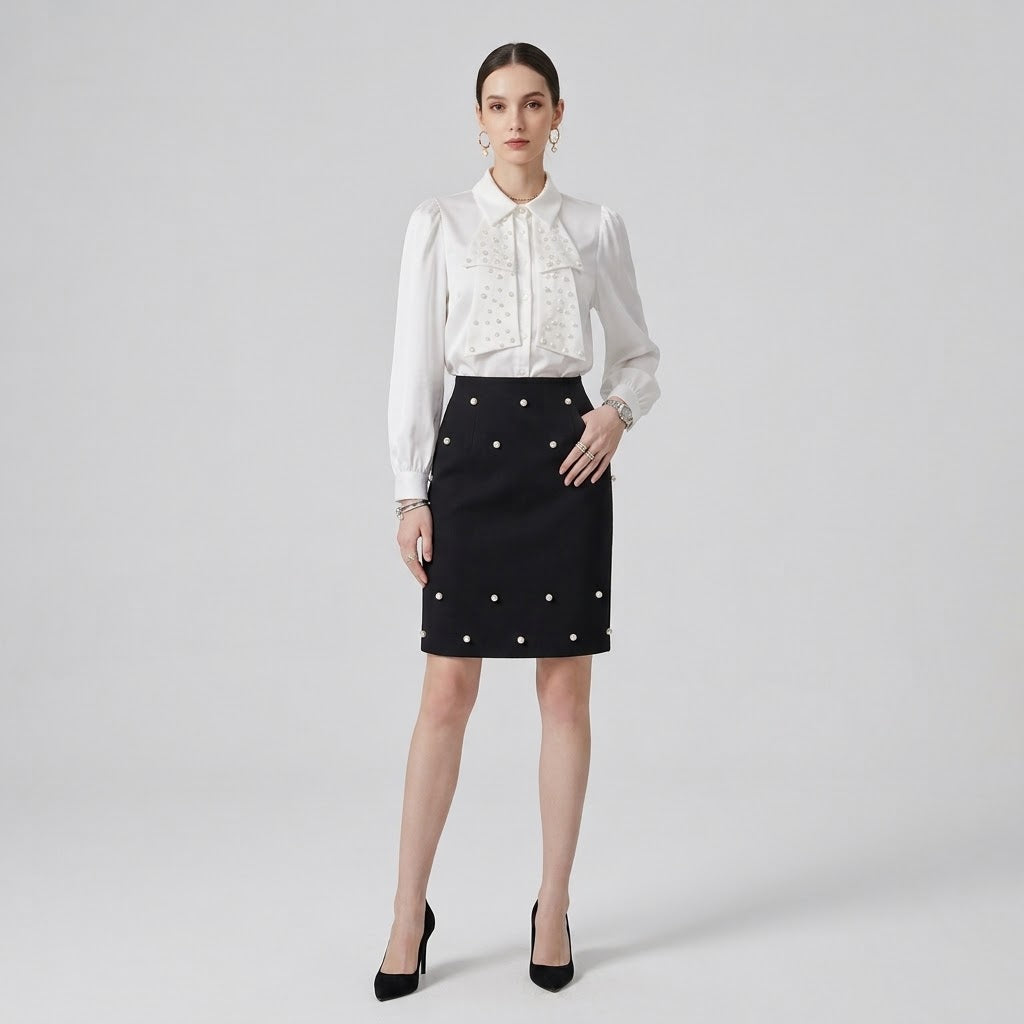 Pearl-Beaded Bow Lustrous Satin Blouse