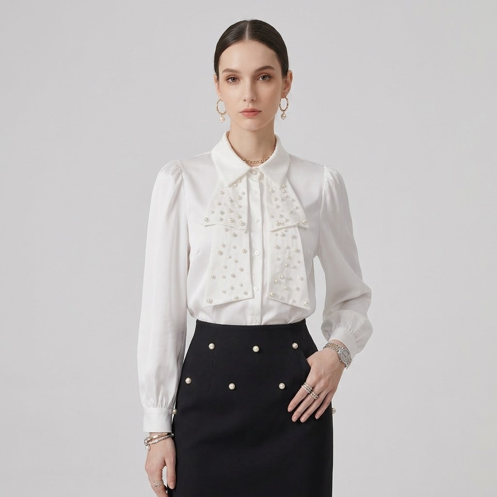 Pearl-Beaded Bow Lustrous Satin Blouse