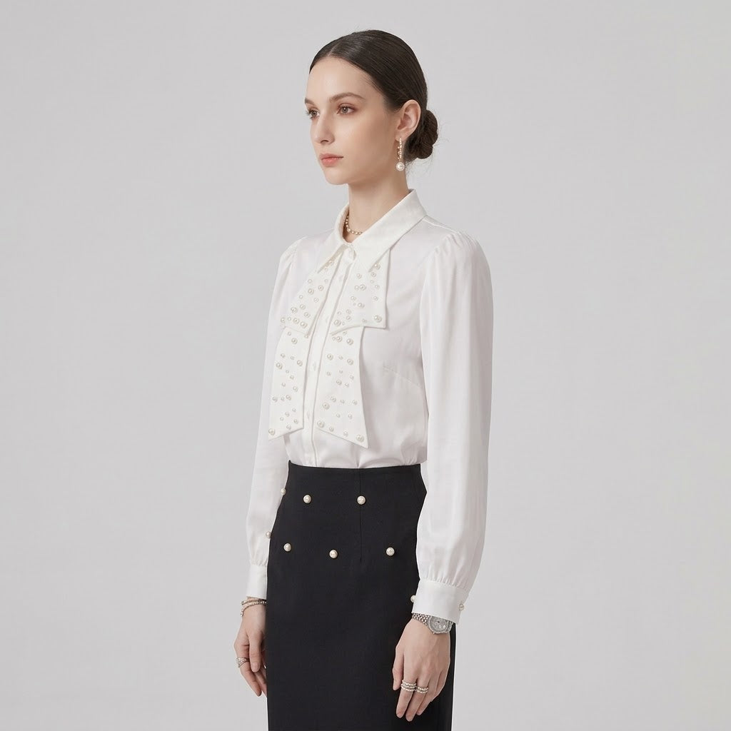 Pearl-Beaded Bow Lustrous Satin Blouse