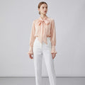 Draped Scarf-Collar Puff-Sleeve Blouse