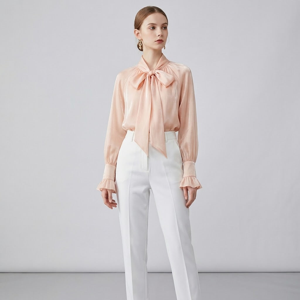 Draped Scarf-Collar Puff-Sleeve Blouse