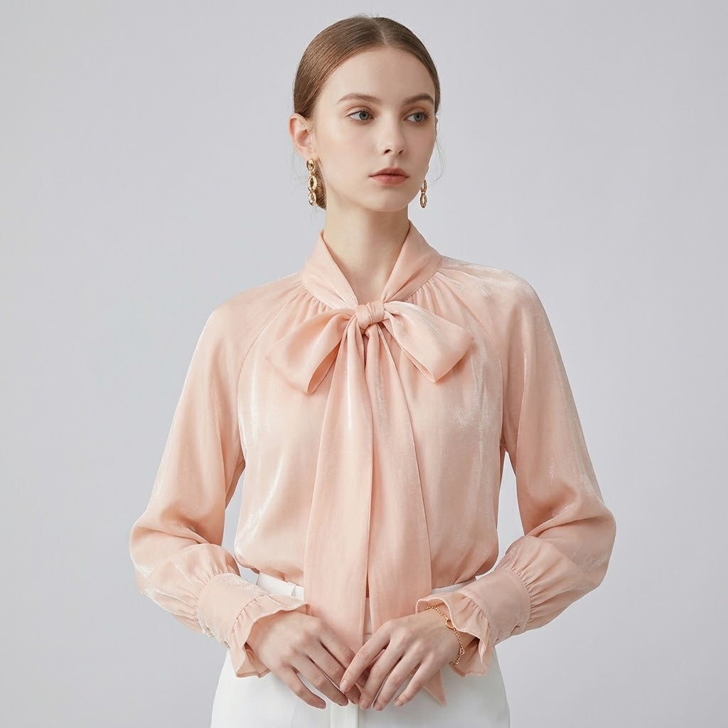 Draped Scarf-Collar Puff-Sleeve Blouse