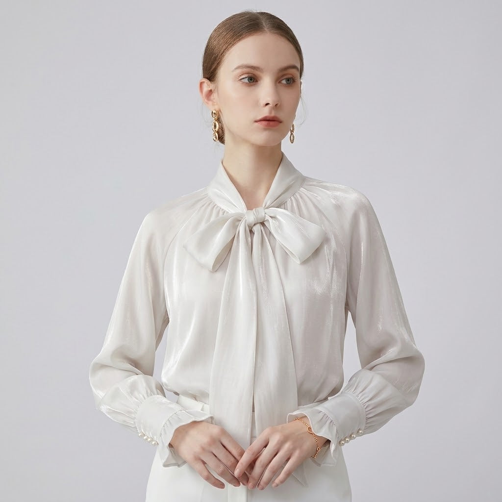 Draped Scarf-Collar Puff-Sleeve Blouse