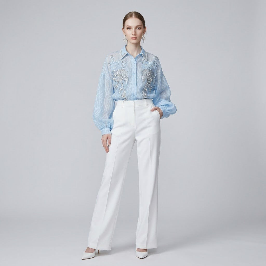 Sequin-Embroidered Crystal-Studded Lantern-Sleeve Blouse