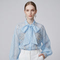 Sequin-Embroidered Crystal-Studded Lantern-Sleeve Blouse