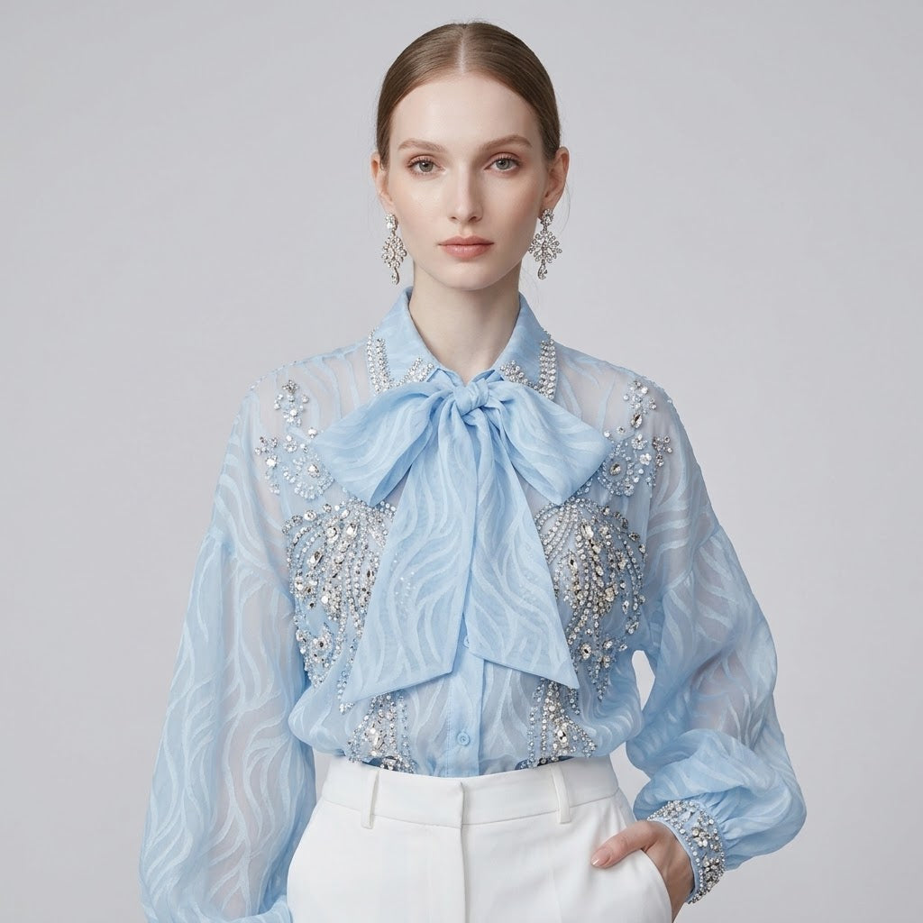 Sequin-Embroidered Crystal-Studded Lantern-Sleeve Blouse