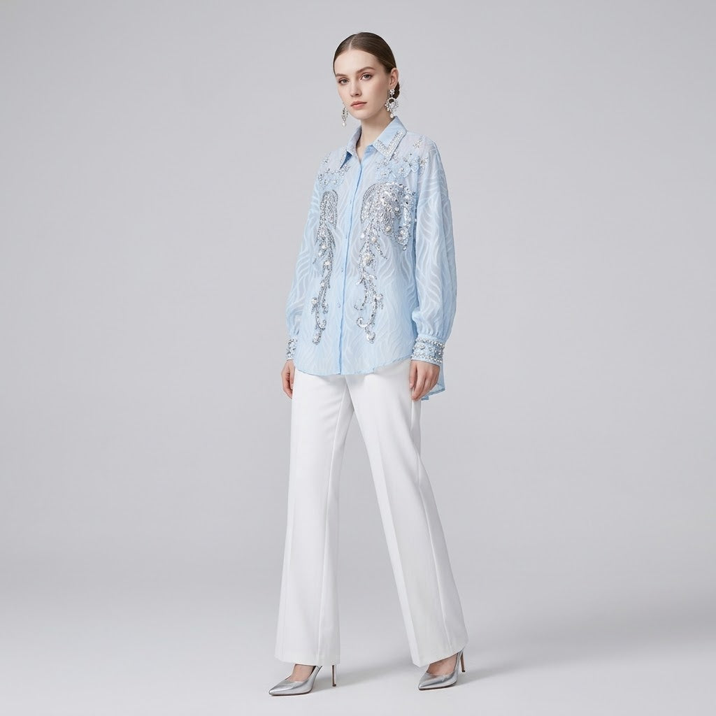 Sequin-Embroidered Crystal-Studded Lantern-Sleeve Blouse