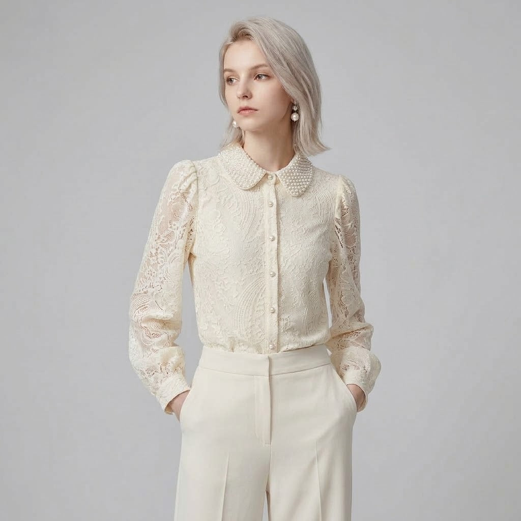 Hand-Beaded Peter Pan Collar Embroidered Lace Blouse