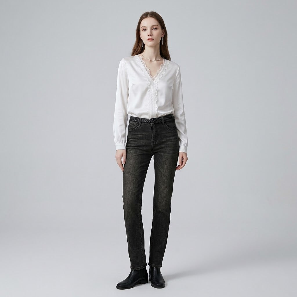 Lustrous Satin V-Neck Lace-Trim Blouse