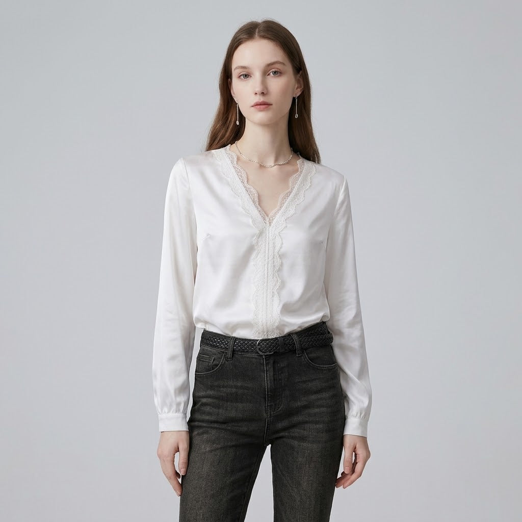 Lustrous Satin V-Neck Lace-Trim Blouse