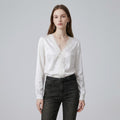 Lustrous Satin V-Neck Lace-Trim Blouse