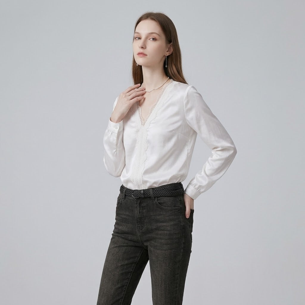 Lustrous Satin V-Neck Lace-Trim Blouse