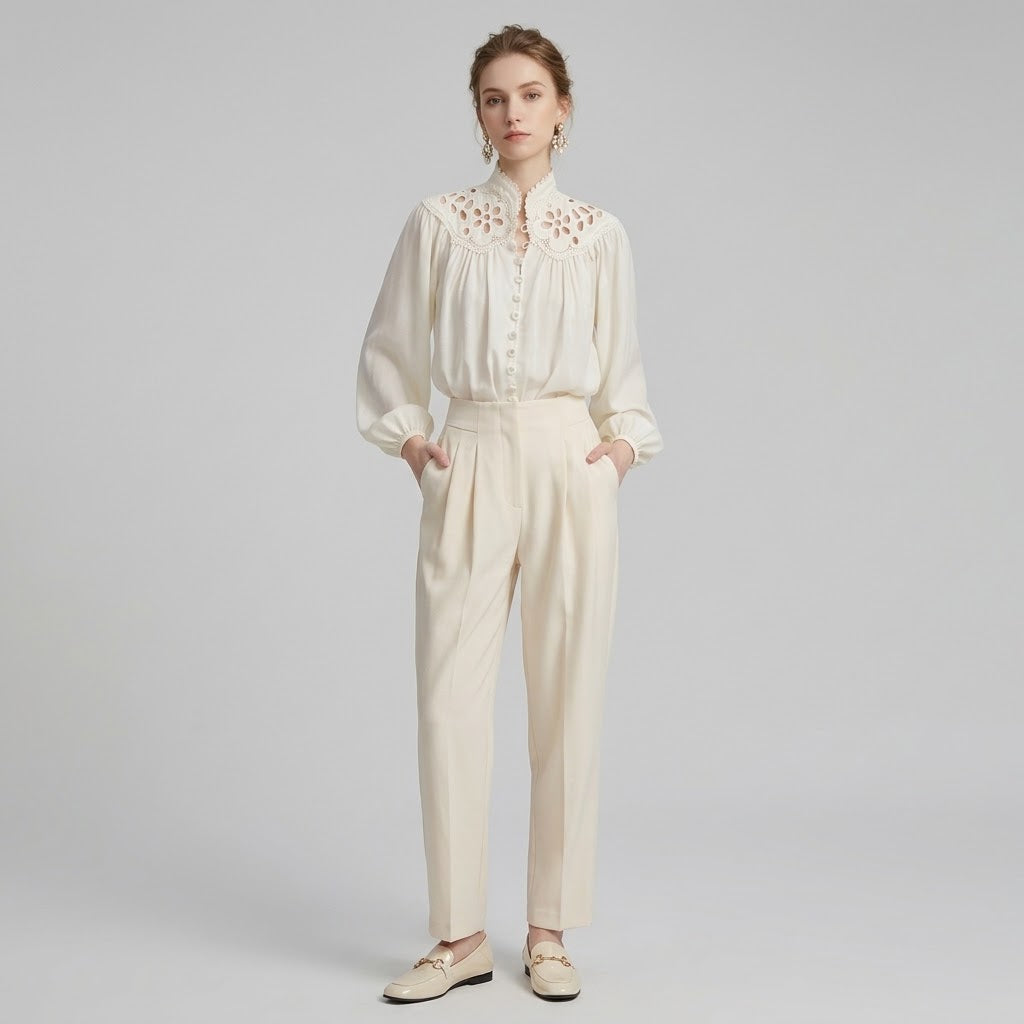 High-Neck Openwork Embroidered Lace Blouse