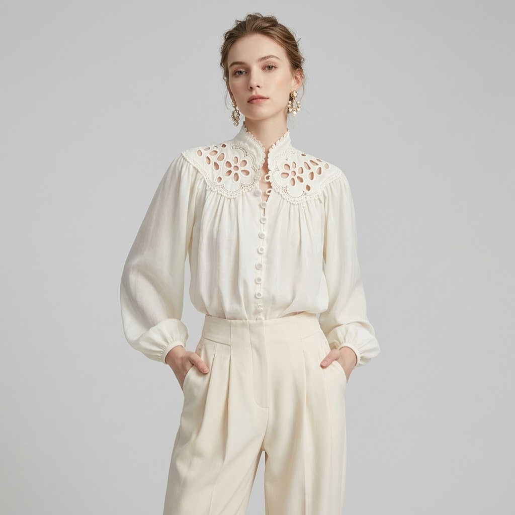 High-Neck Openwork Embroidered Lace Blouse