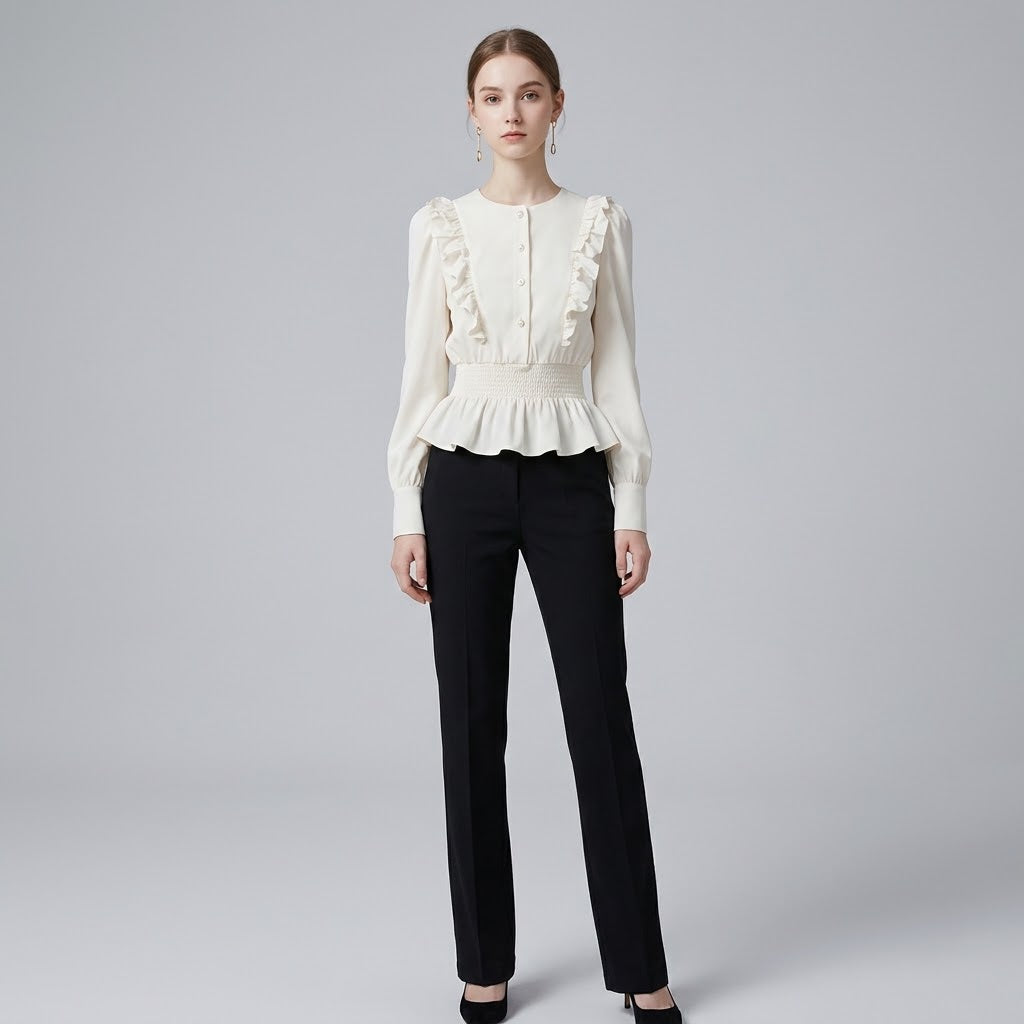Round-Neck Ruffle-Trim Long-Sleeve Blouse