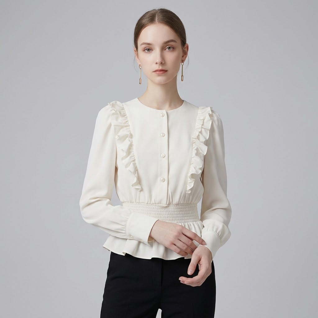 Round-Neck Ruffle-Trim Long-Sleeve Blouse