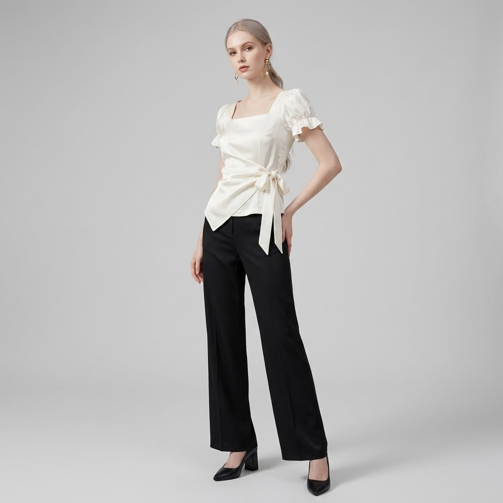 Square-Neck Self-Tie White Satin Crop Top with Sculptural Puff Sleeves
