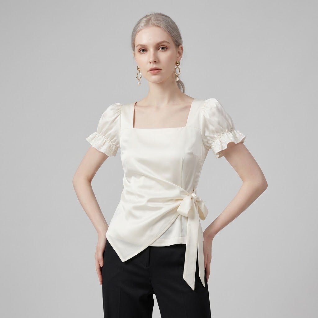 Square-Neck Self-Tie White Satin Crop Top with Sculptural Puff Sleeves