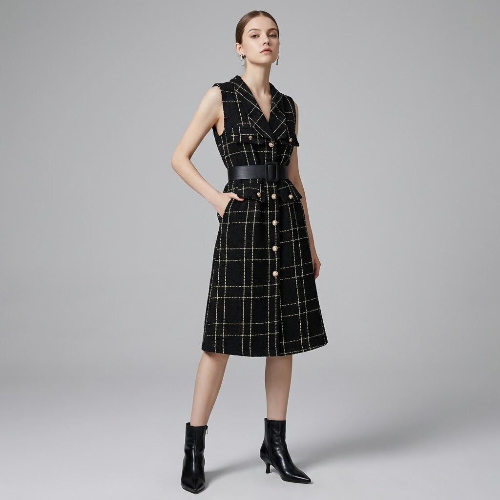 Tailored V-Neck Plaid Tweed Sleeveless Dress