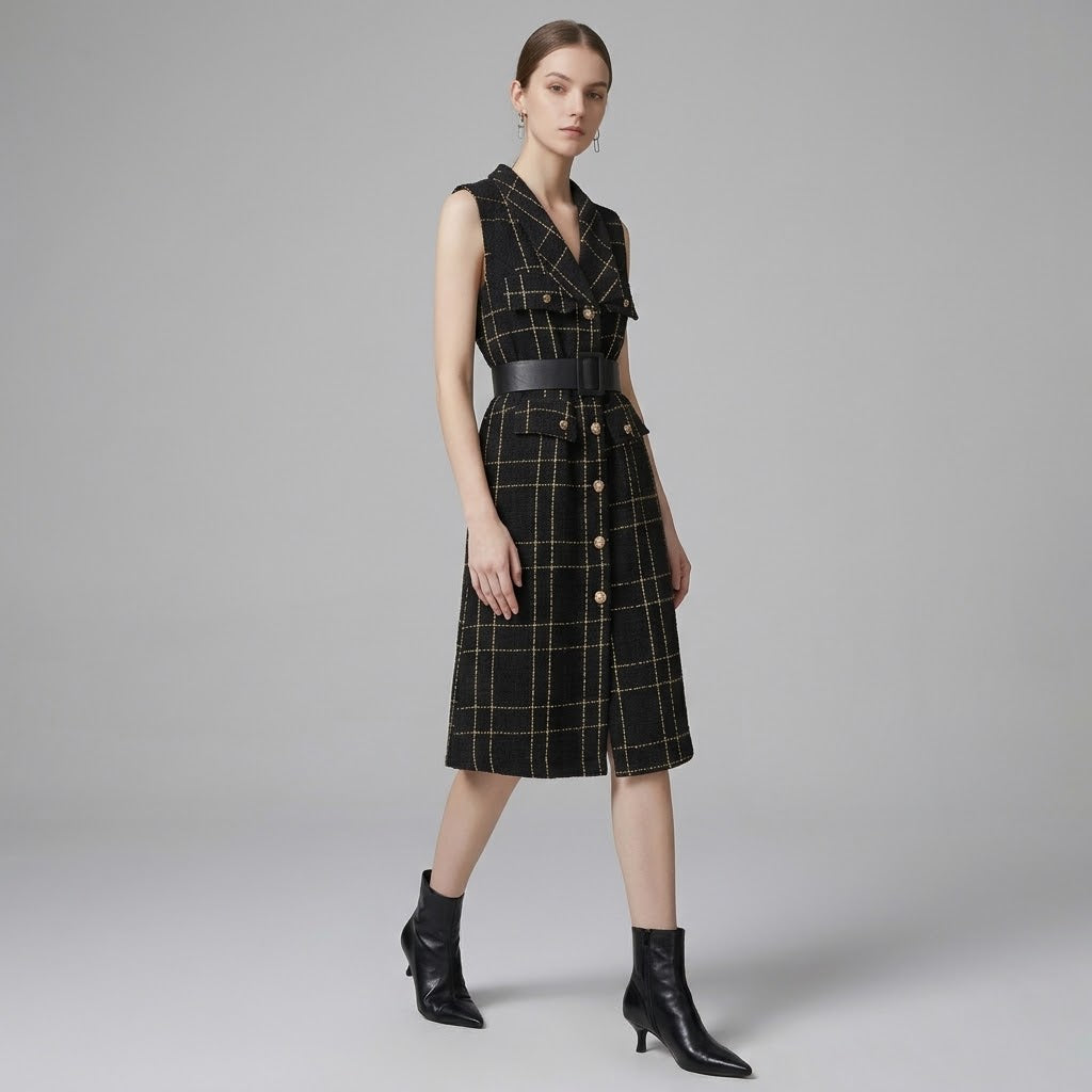 Tailored V-Neck Plaid Tweed Sleeveless Dress