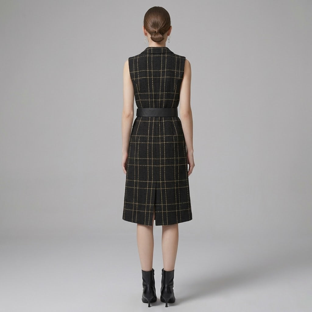 Tailored V-Neck Plaid Tweed Sleeveless Dress