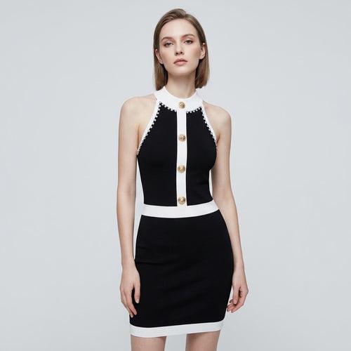 Crystal-Studded Halter-Neck Knit Bodycon Dress
