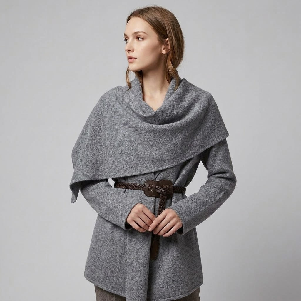 Belted Cape-Overlay Woolen Mid-Length Coat