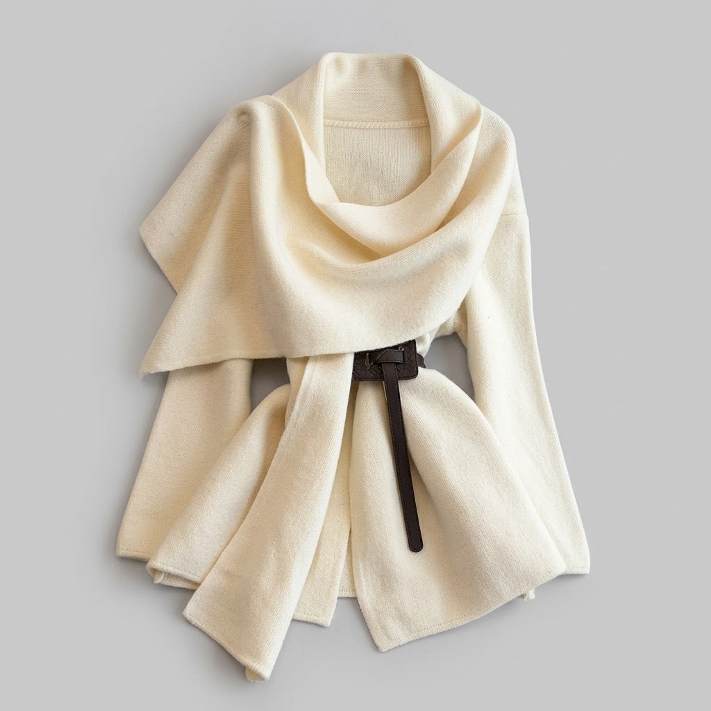 Belted Cape-Overlay Woolen Mid-Length Coat