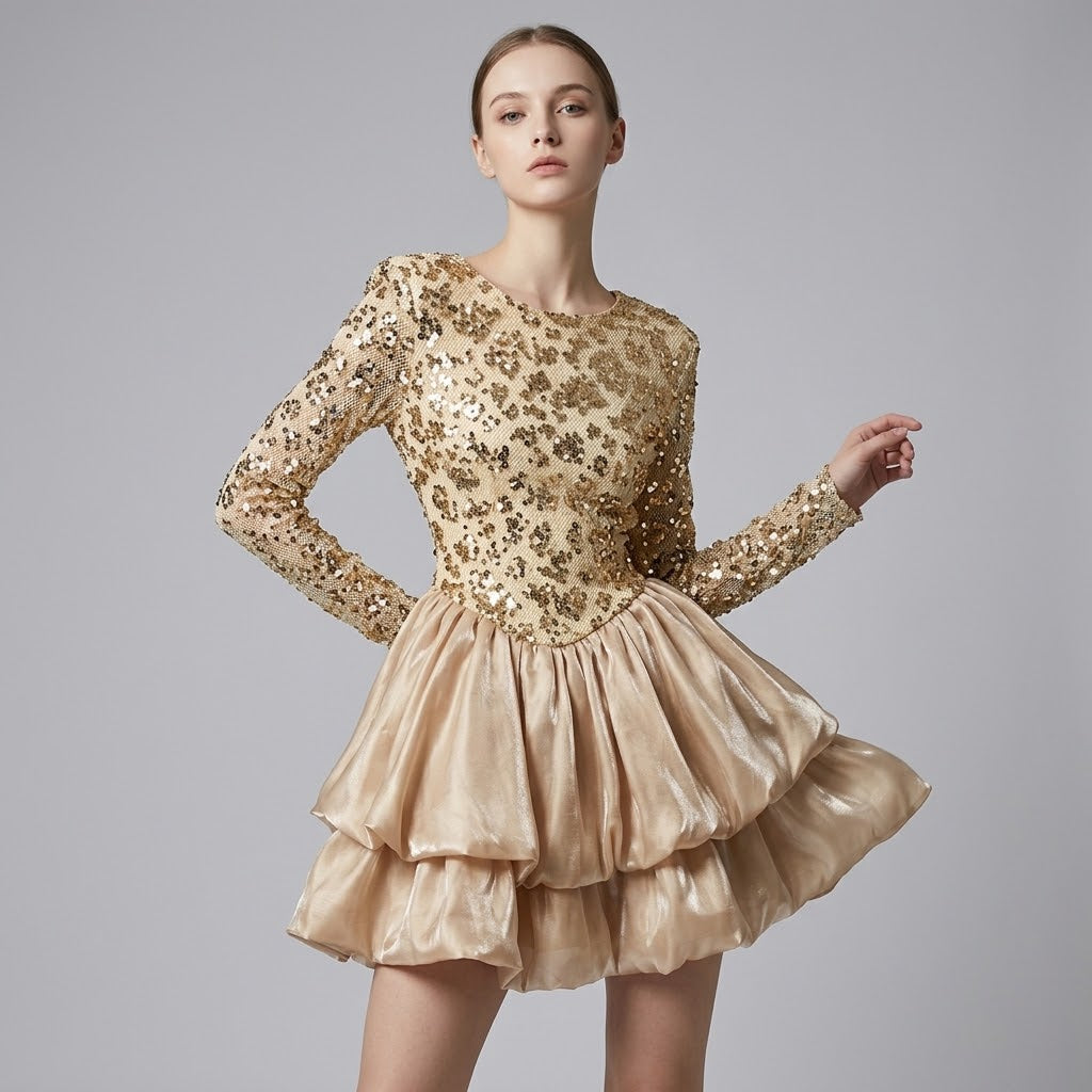 Hand-Embellished Sequin Tulle Spliced Dress