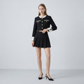 Contrast-Trim Stand-Collar Woolen Jacket & Pleated Midi Skirt Two-Piece Set