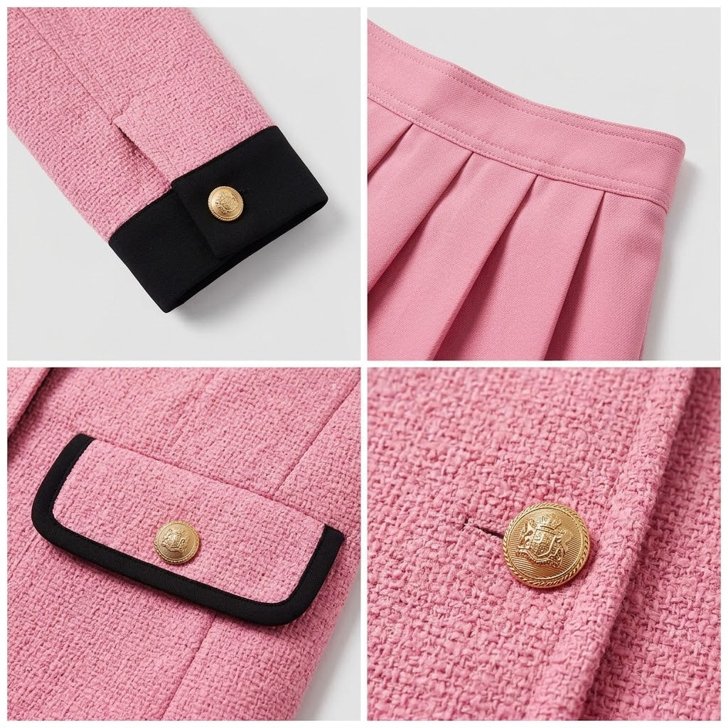 Contrast-Trim Stand-Collar Woolen Jacket & Pleated Midi Skirt Two-Piece Set