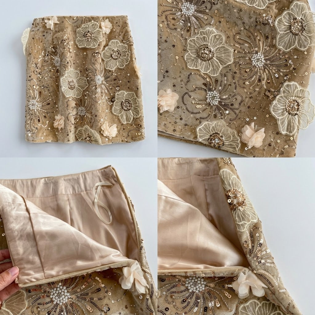 Artisanal 3D Floral Velvet Mini Skirt with Beaded Sequin Embellishments
