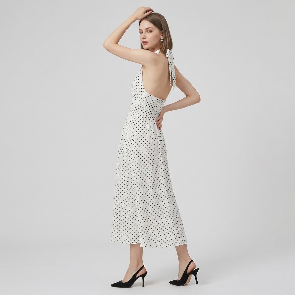 Backless Halter-Neck Polka Dot  Midi Dress