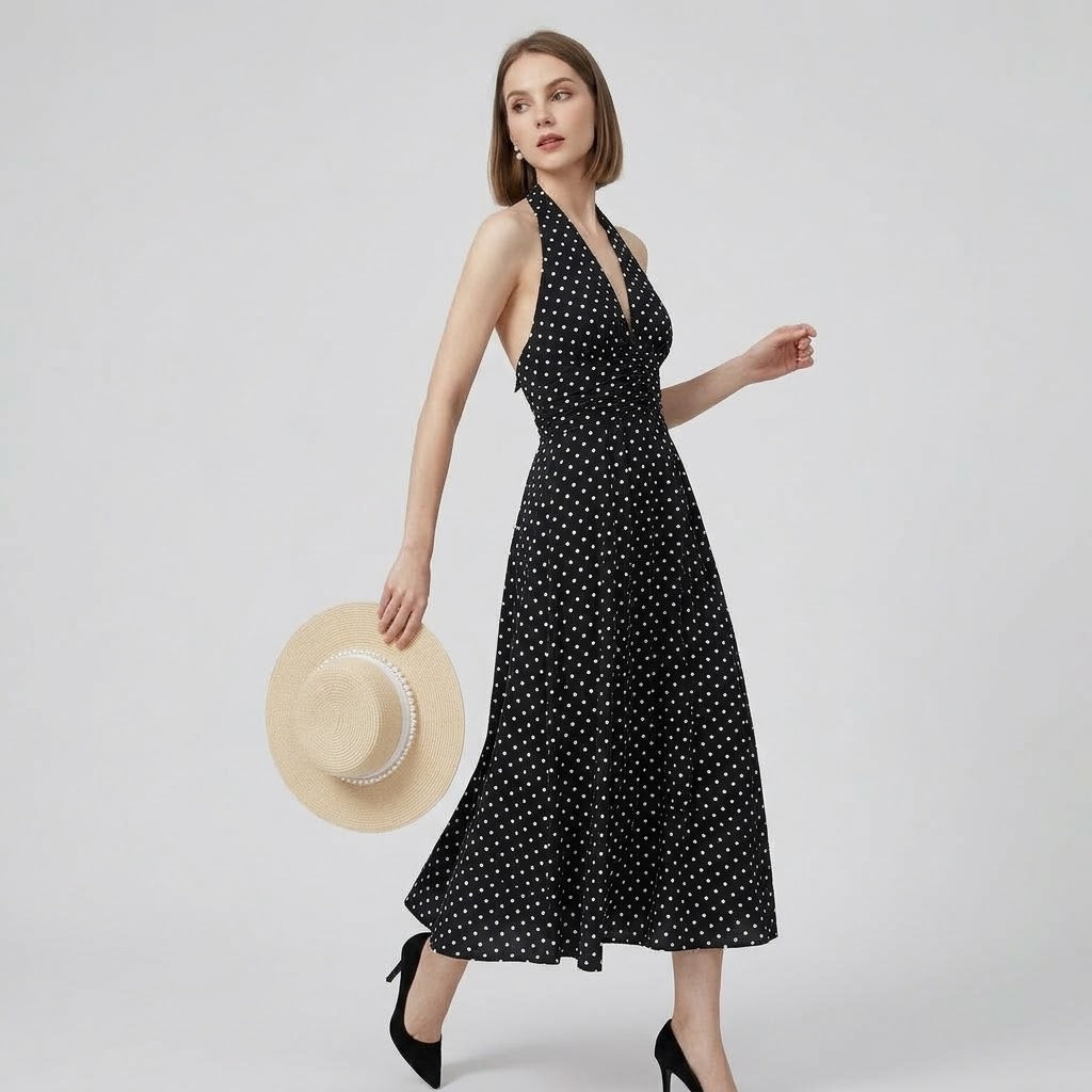 Backless Halter-Neck Polka Dot  Midi Dress