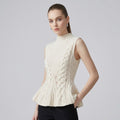 Cable Knit Peplum Top Sleeveless Mock Neck Cinched Waist Sweater Vest