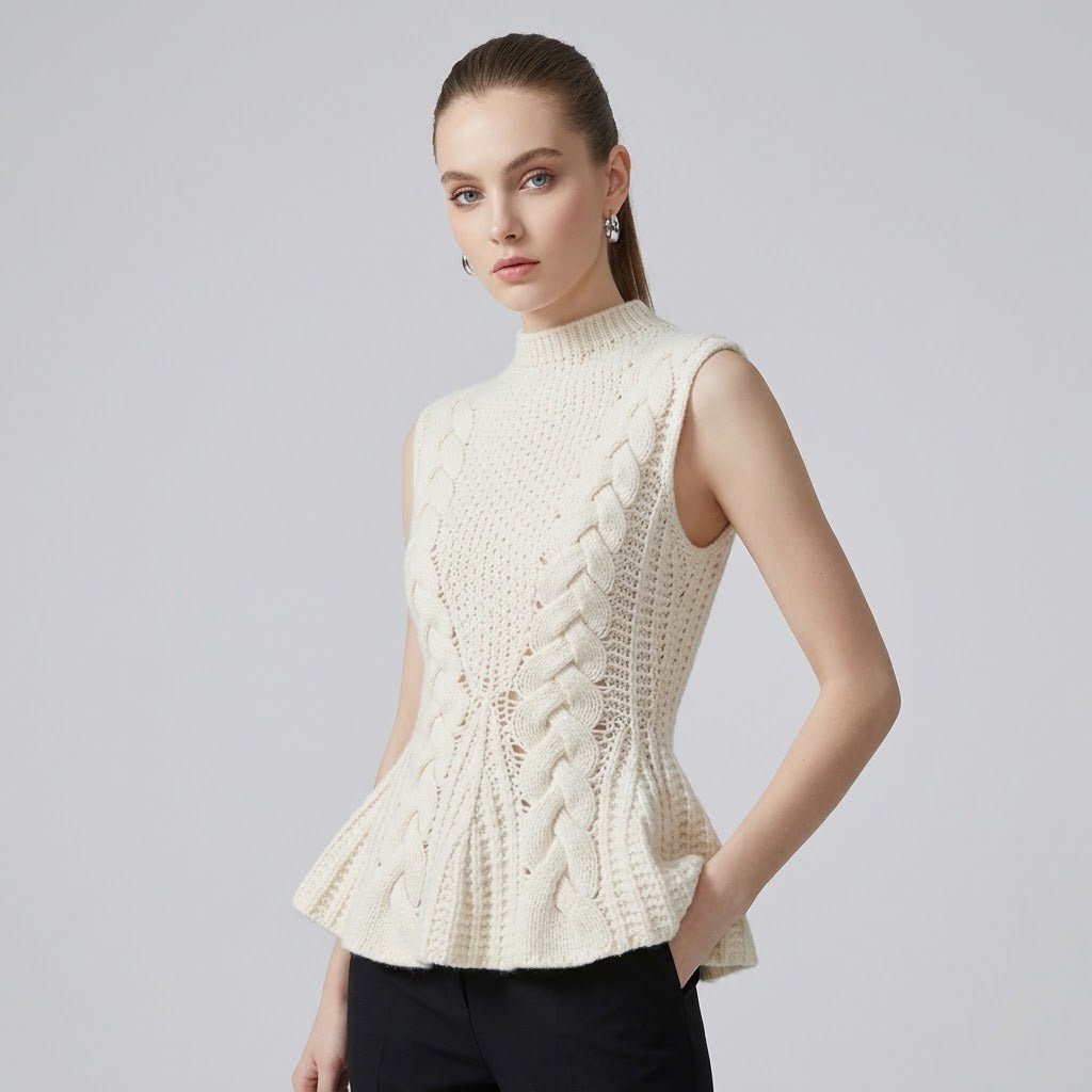 Cable Knit Peplum Top Sleeveless Mock Neck Cinched Waist Sweater Vest