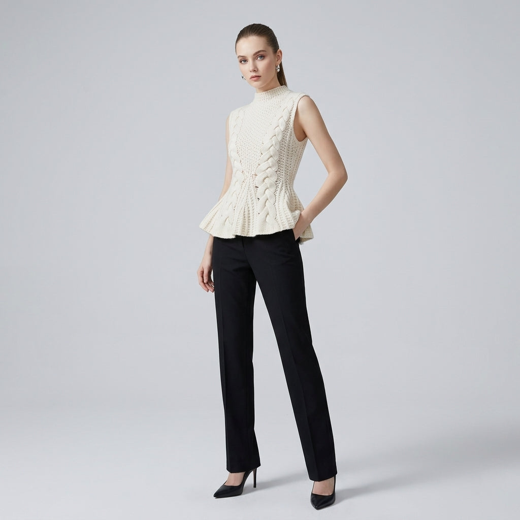 Cable Knit Peplum Top Sleeveless Mock Neck Cinched Waist Sweater Vest