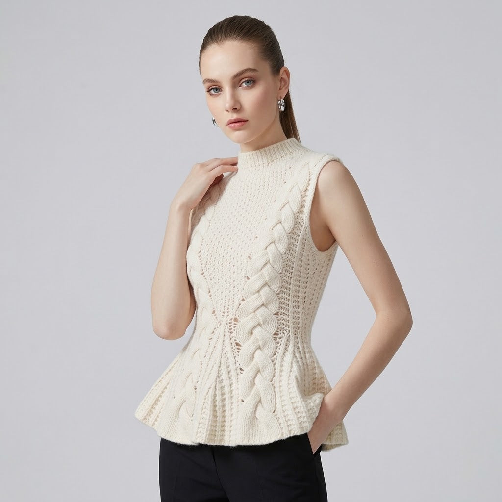 Cable Knit Peplum Top Sleeveless Mock Neck Cinched Waist Sweater Vest