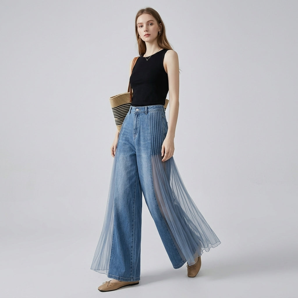 High Waisted Wide Leg Jeans Pleated Tulle Spliced Mesh Panel Denim Pants