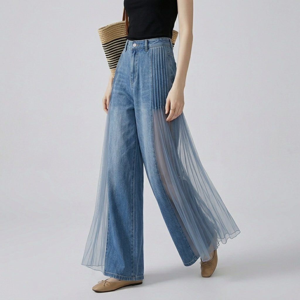 High Waisted Wide Leg Jeans Pleated Tulle Spliced Mesh Panel Denim Pants