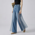 High Waisted Wide Leg Jeans Pleated Tulle Spliced Mesh Panel Denim Pants