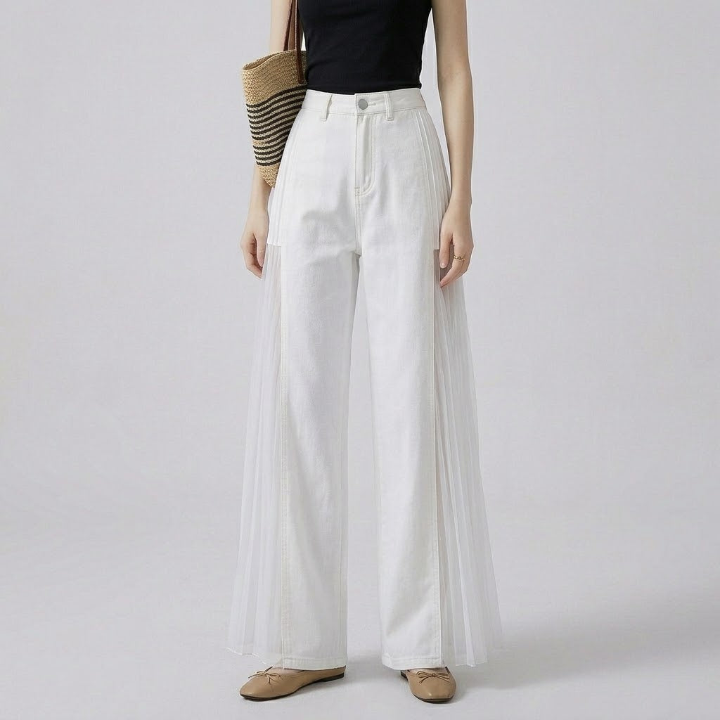 High Waisted Wide Leg Jeans Pleated Tulle Spliced Mesh Panel Denim Pants